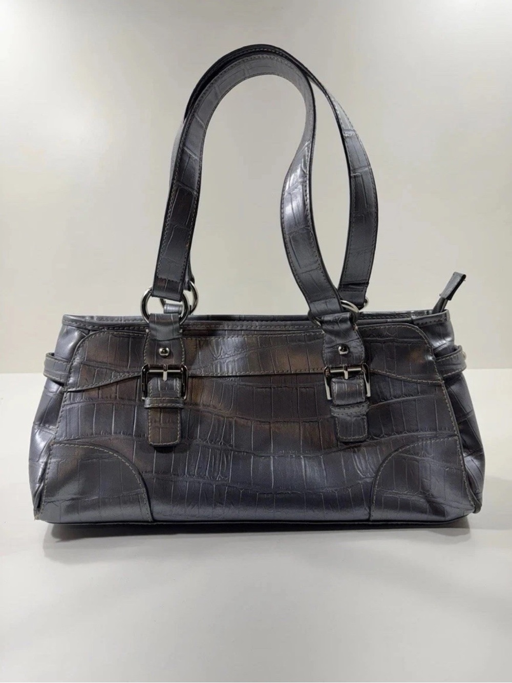 East 5th Classic Croc-Embossed Silver Shoulder Bag